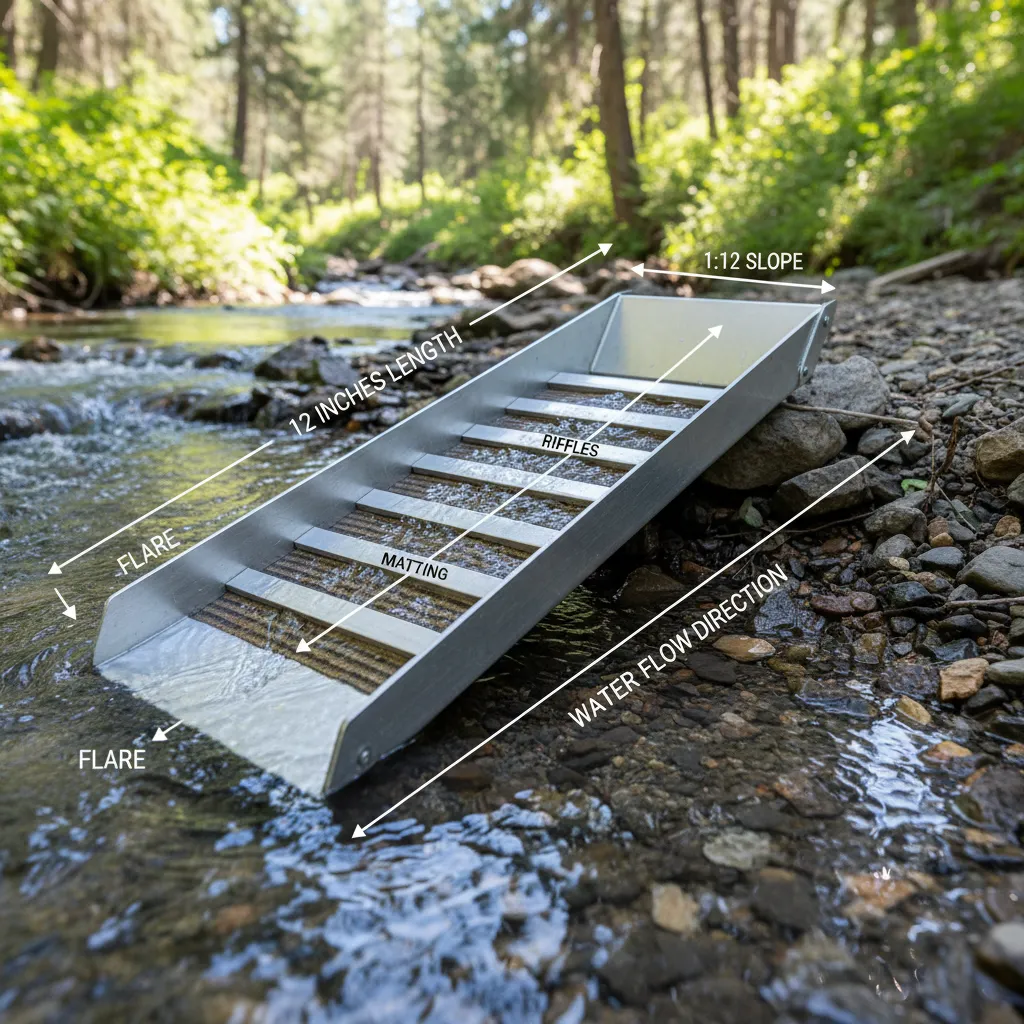 diagram showing correct sluice box angle setup in a creek, with measurements indicating 1 inch drop per 12 inches of length, arrows showing water flow direction, and labeled parts including flare, riffles, and matting
