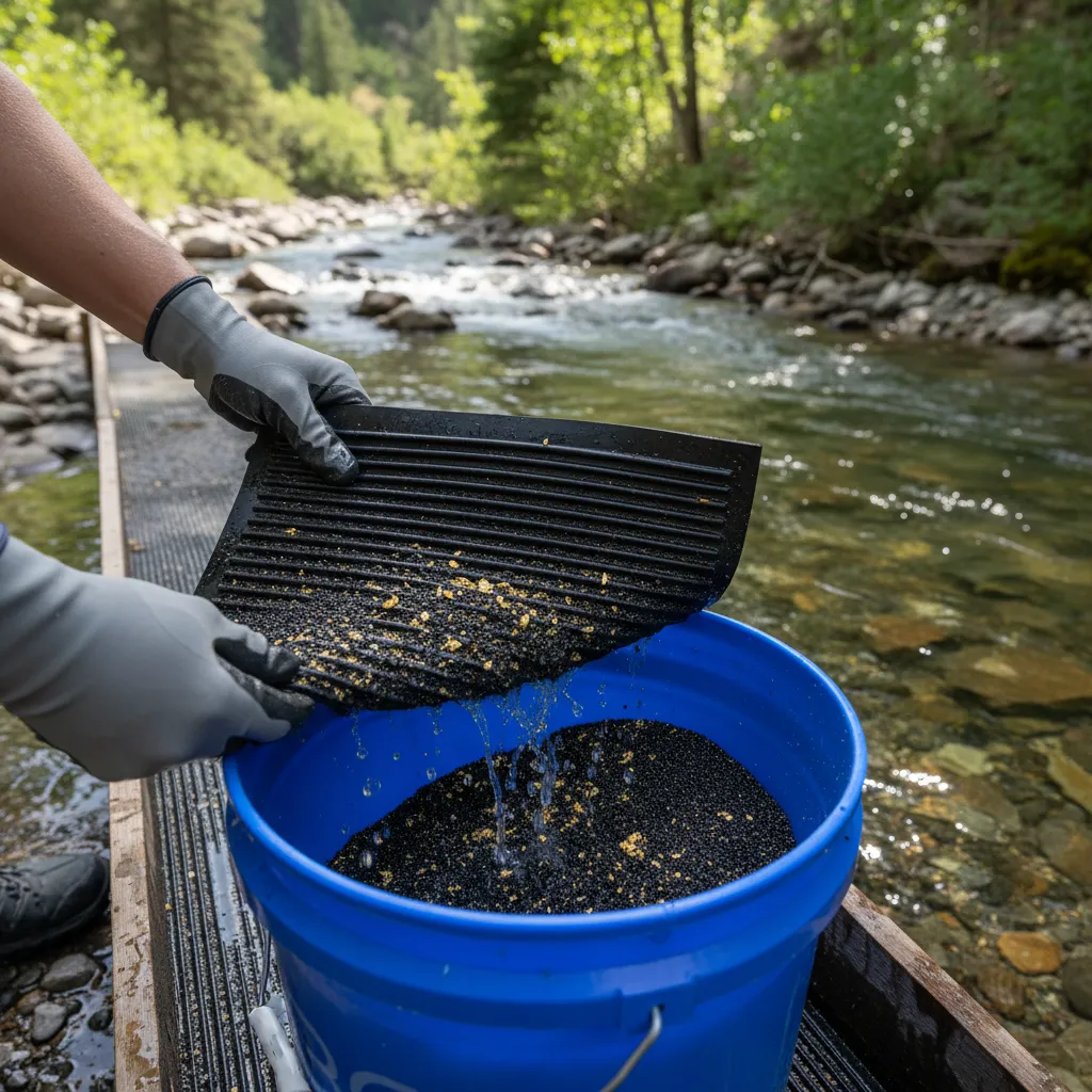 overhead photo of sluice box clean-out process, hands removing ribbed matting over a bucket, black sand and gold concentrate visible on the matting surface, creek in background
