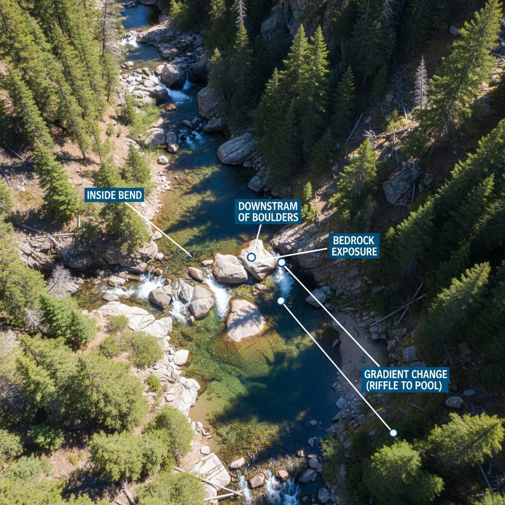 aerial view of a mountain creek showing labeled gold trap locations: inside bend, downstream of boulders, bedrock exposure, and gradient change from steep riffle to flat pool