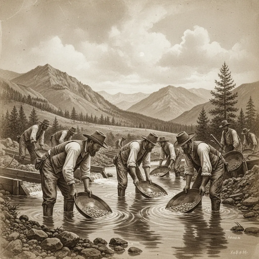 historical sepia photograph style illustration of 1850s California gold rush miners panning in a creek with mountains in background, period accurate