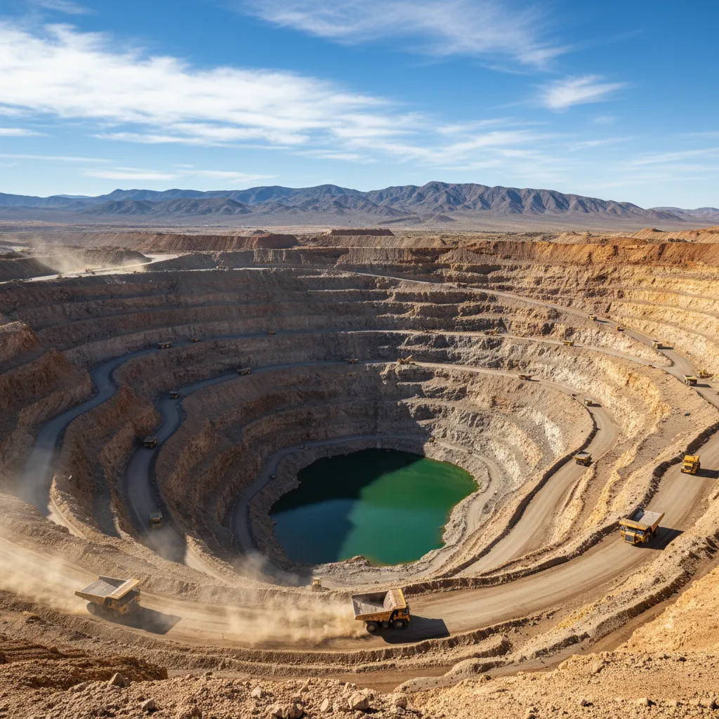 modern open pit gold mine with massive haul trucks descending terraced walls, scale shown by tiny equipment, Carlin Trend Nevada style