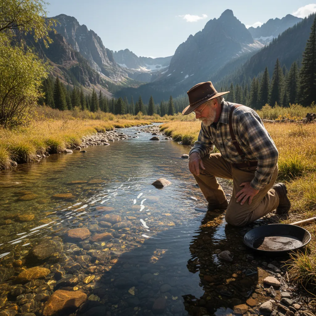 Gold prospector kneeling at river's edge studying water flow patterns, shallow clear creek with visible current lines around boulders, Colorado mountain setting, late summer low water conditions
