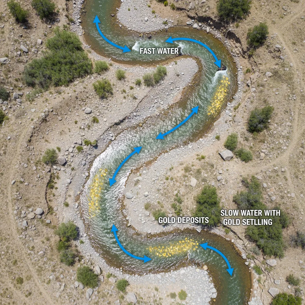 Overhead diagram of a meandering creek showing water flow direction with arrows, gold deposits highlighted on inside bends, labels showing fast water on outside curves and slow water with gold settling on inside curves