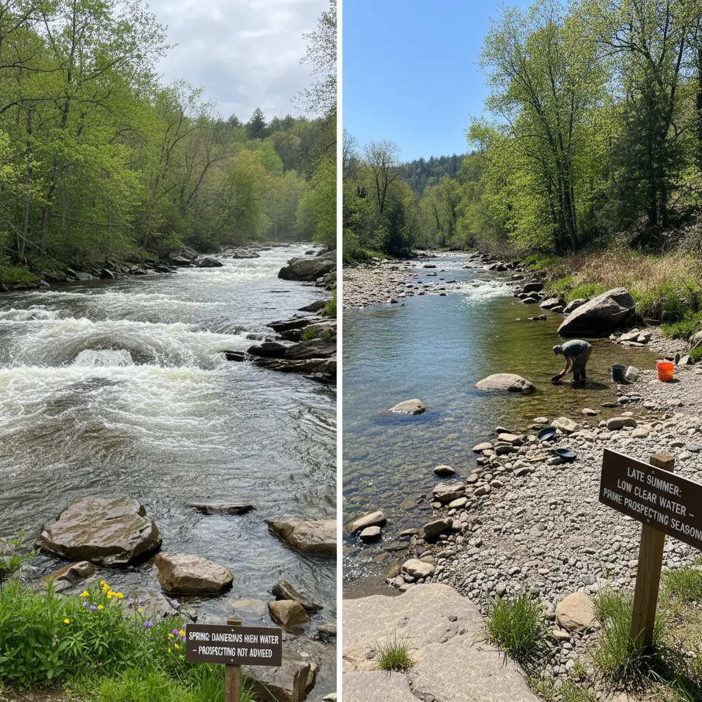 Side-by-side comparison of the same river stretch in spring with high turbulent water versus late summer with low clear water exposing bedrock and gravel bars, showing why late summer is the prime prospecting season