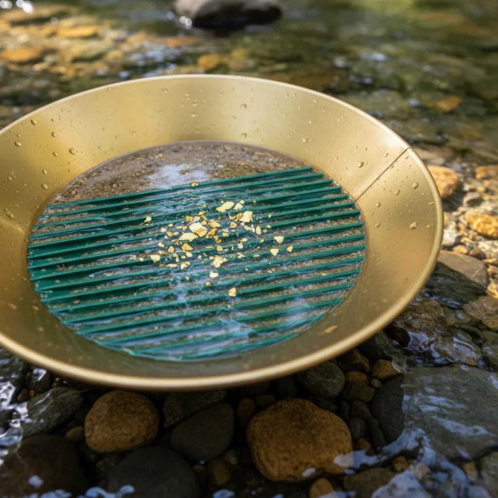 Close-up of a gold pan with several visible gold flakes and fine gold against green plastic, held over clear shallow creek water with rounded river rocks visible beneath