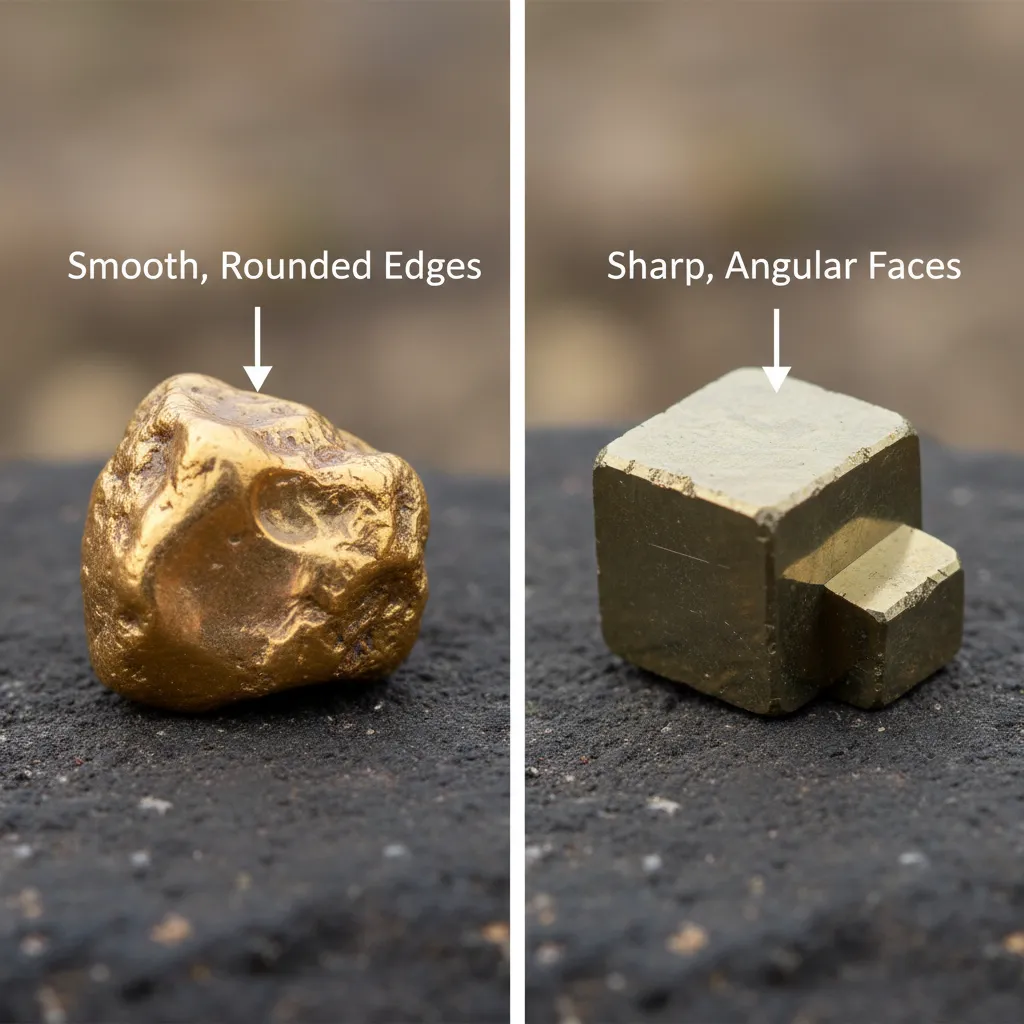 side-by-side comparison of gold nugget and pyrite crystal, with labeled arrows pointing out smooth rounded edges on gold vs sharp angular faces on pyrite