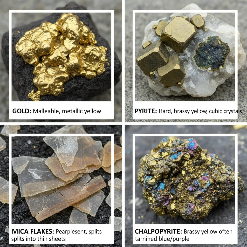 labeled photo grid showing four minerals side by side - gold, pyrite, mica flakes, and chalcopyrite - each with a brief caption noting their key identifying feature