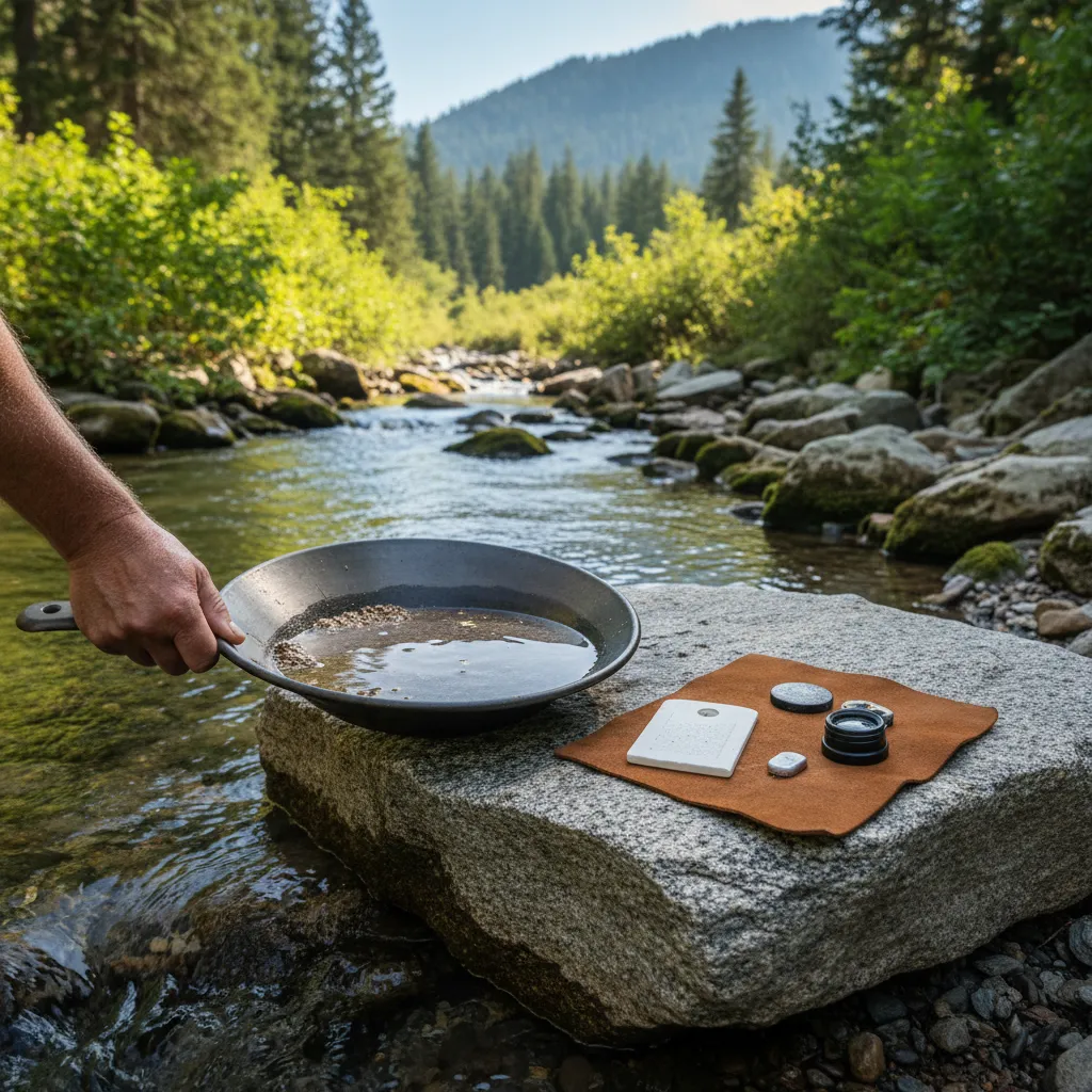 photo of a prospector's hand holding a gold pan at creek-side with a small testing kit (ceramic tile, magnet, loupe) laid out on a nearby rock