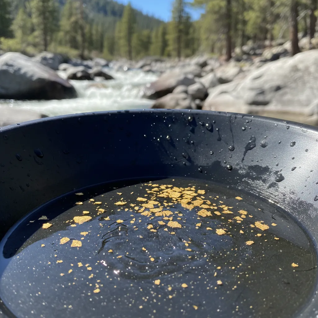 Close-up photo of gold flakes and fine flour gold in a black gold pan, wet from river water, Sierra Nevada creek in background