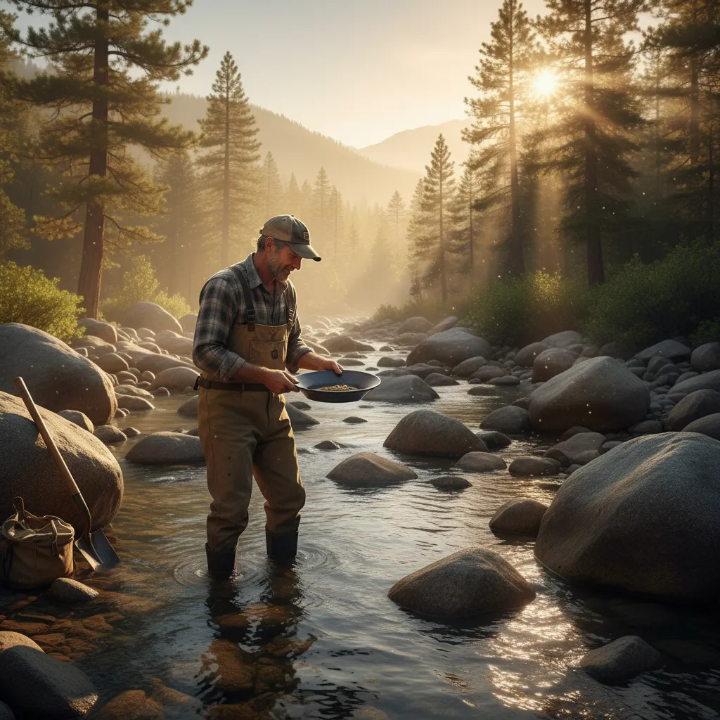 Prospector panning for gold in a rocky Sierra Nevada creek, wearing waders and a baseball cap, morning light