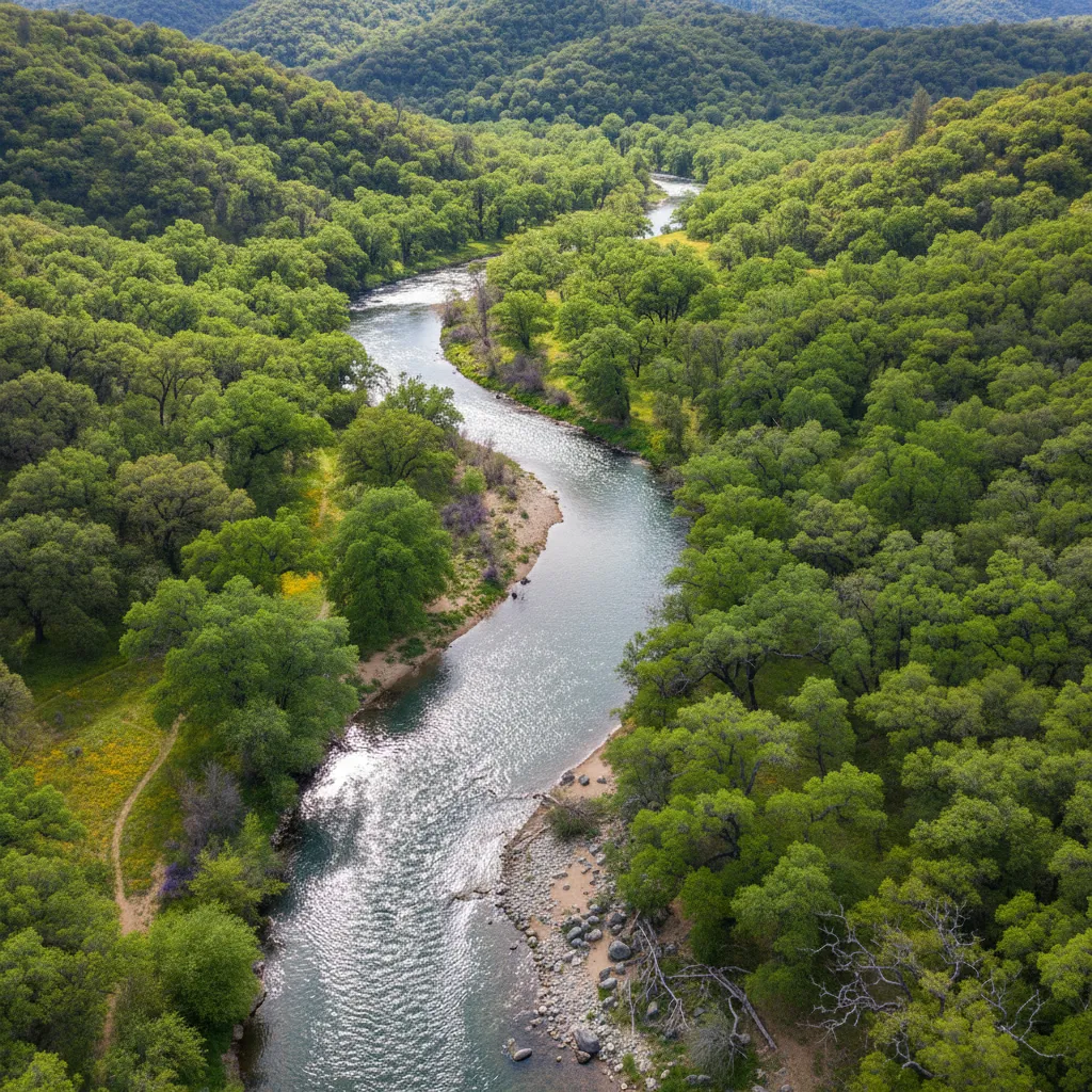 Aerial view of a winding California foothill river through green oak woodland, spring season