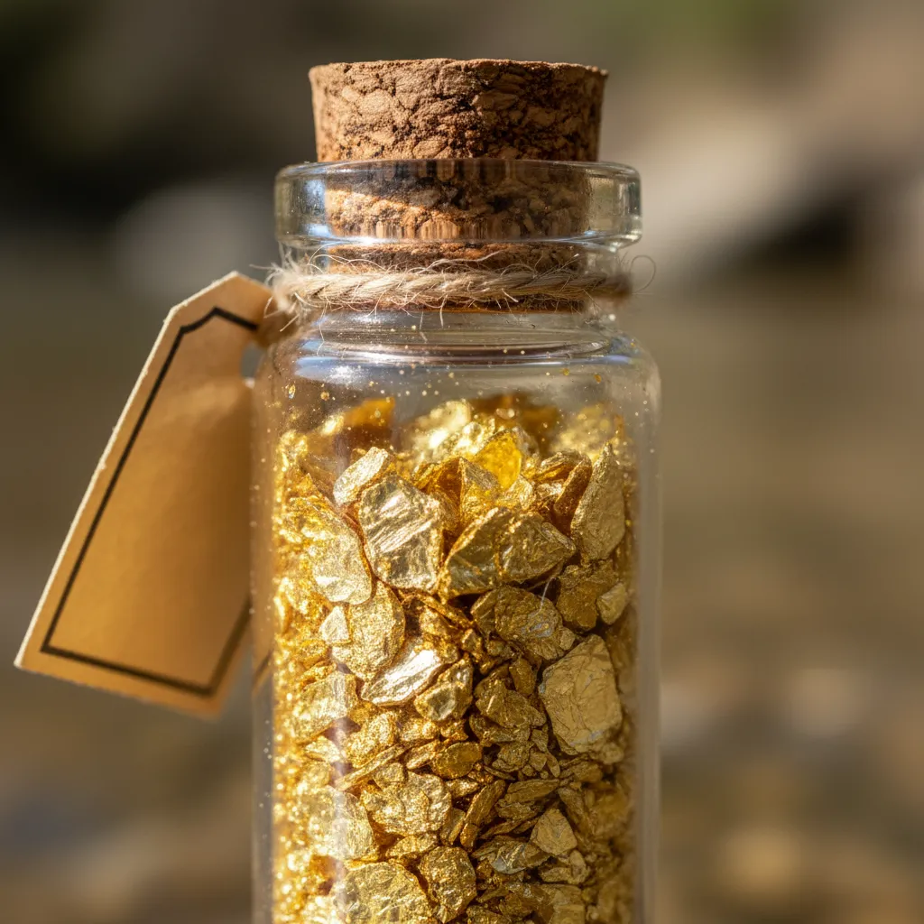 Macro photograph of gold flakes in a glass vial with cork stopper, showing various sizes of fine placer gold