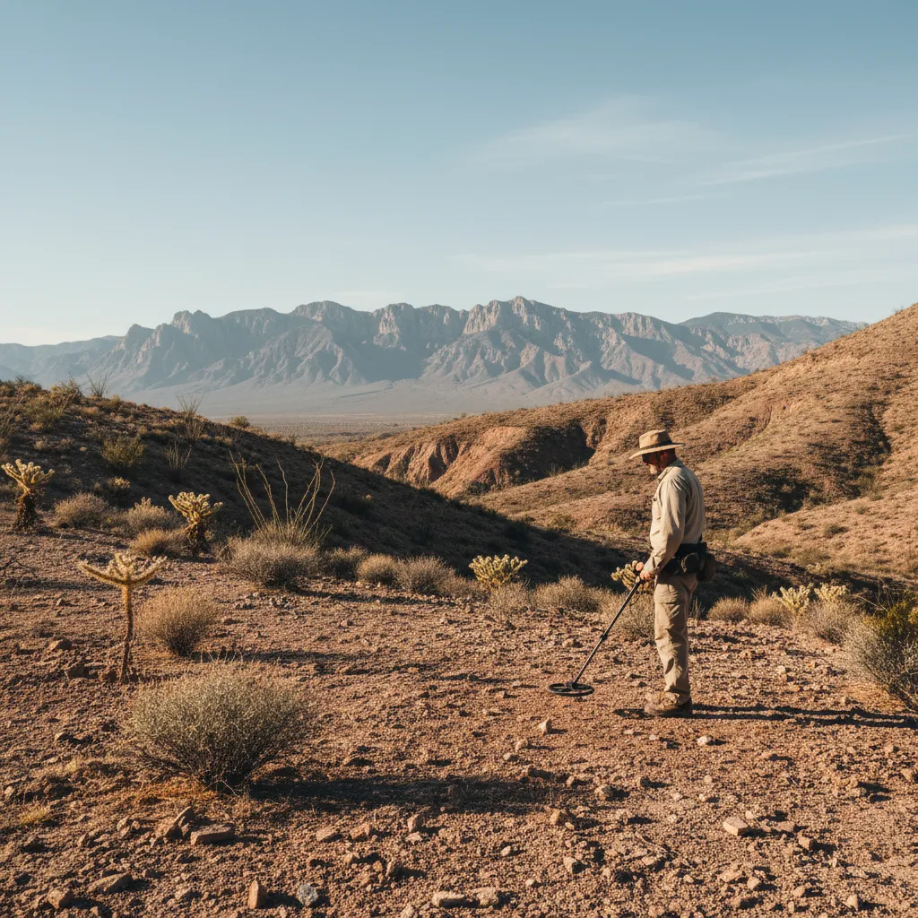 wide shot of a person metal detecting on a dry desert hillside with sparse brush and exposed reddish soil, detector coil hovering over rocky ground with distant mountain ridgeline