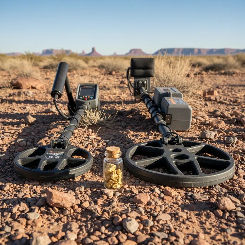 close-up comparison of two metal detectors side by side on rocky desert ground, one compact VLF-style and one larger PI-style, with a small glass vial containing gold nuggets between them
