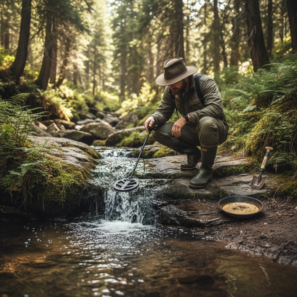 person crouching at a small creek waterfall with a metal detector coil positioned over wet bedrock, gold pan and digging tools visible nearby on the bank
