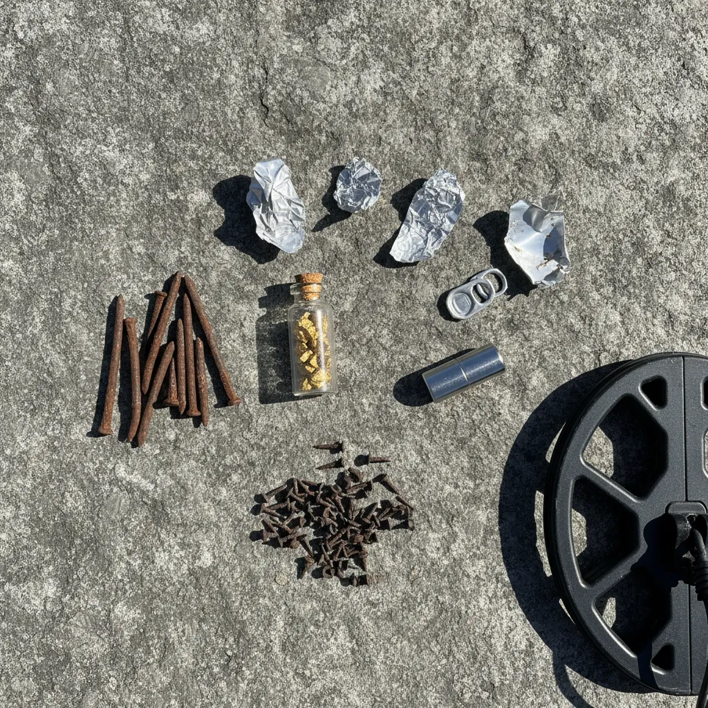 flat lay arrangement on a rock surface showing a day's metal detecting finds — small gold nuggets in a vial, a pile of rusty nails and boot tacks, some aluminum trash pieces, and a neodymium magnet, with a metal detector coil visible at edge of frame