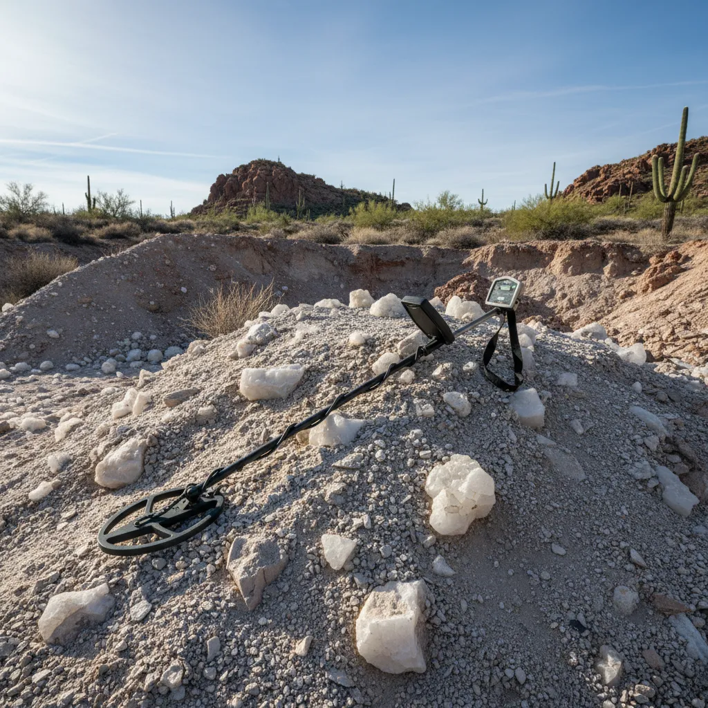 metal detector laying across a tailings pile at an old mine site in the Arizona desert with scattered quartz chunks