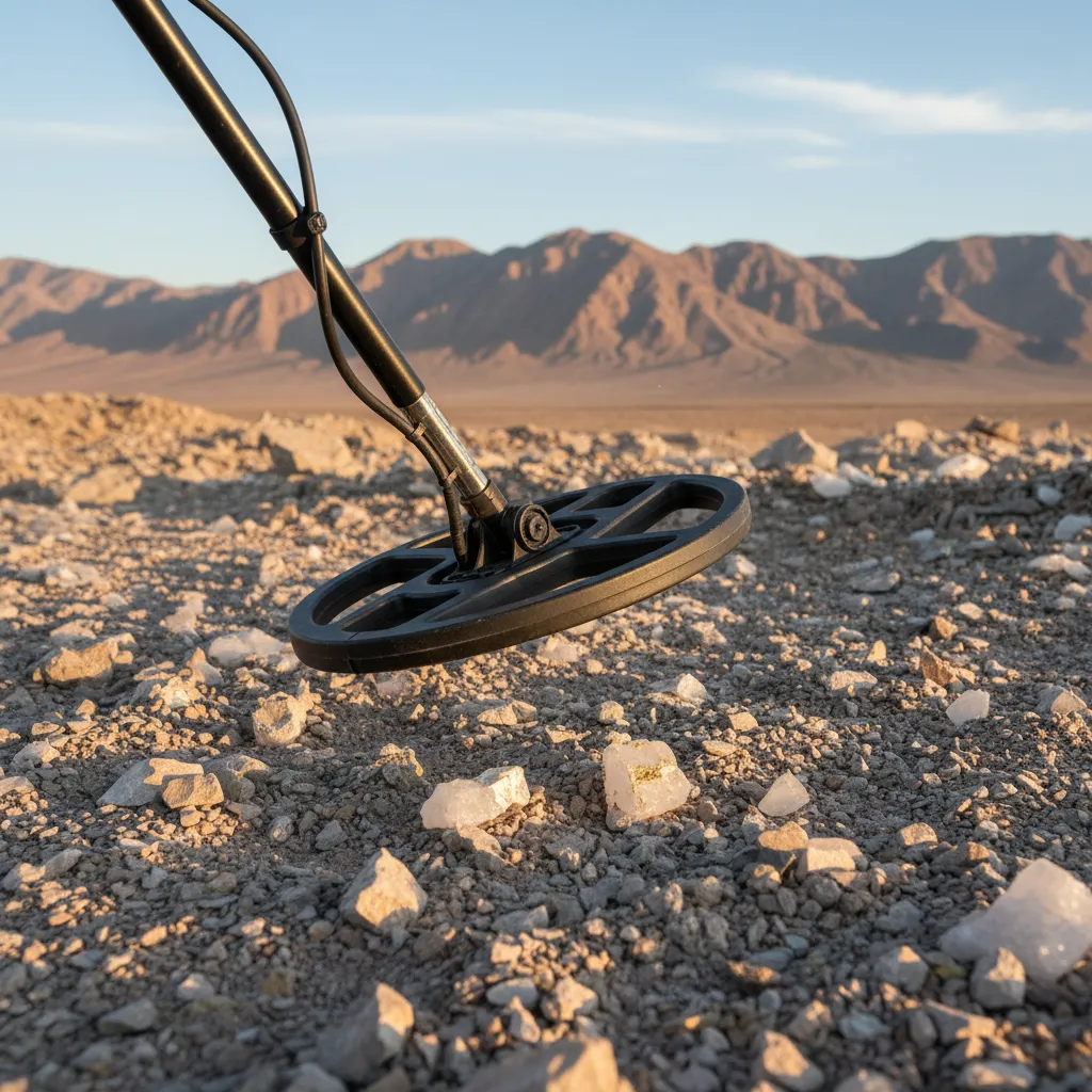 close-up of a metal detector coil hovering over rocky mine tailings with scattered quartz fragments and desert mountain backdrop