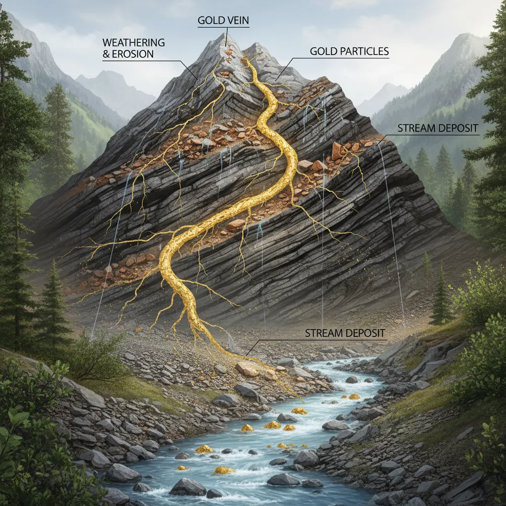 Cross-section diagram showing gold vein in mountain, weathering process, and gold particles flowing into stream below