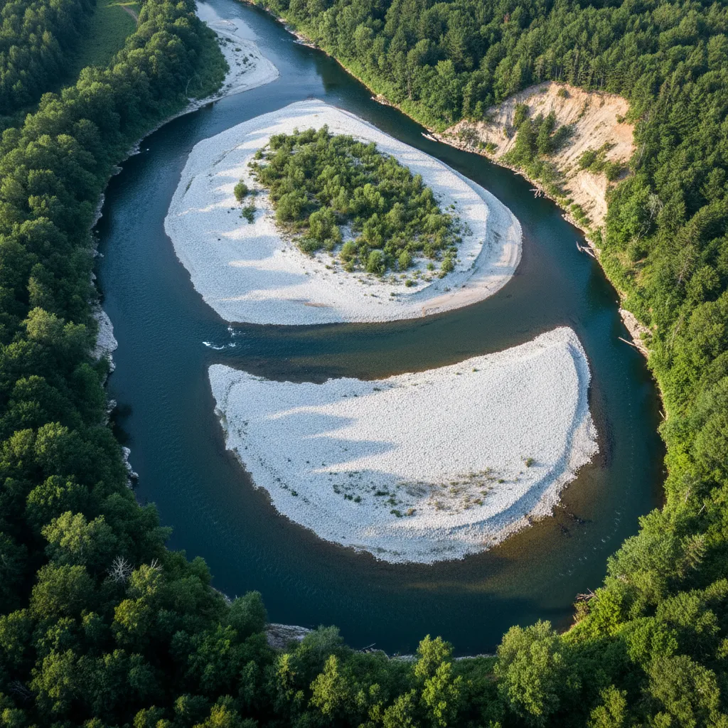 Aerial view of meandering river showing inside bends with gravel bars highlighted