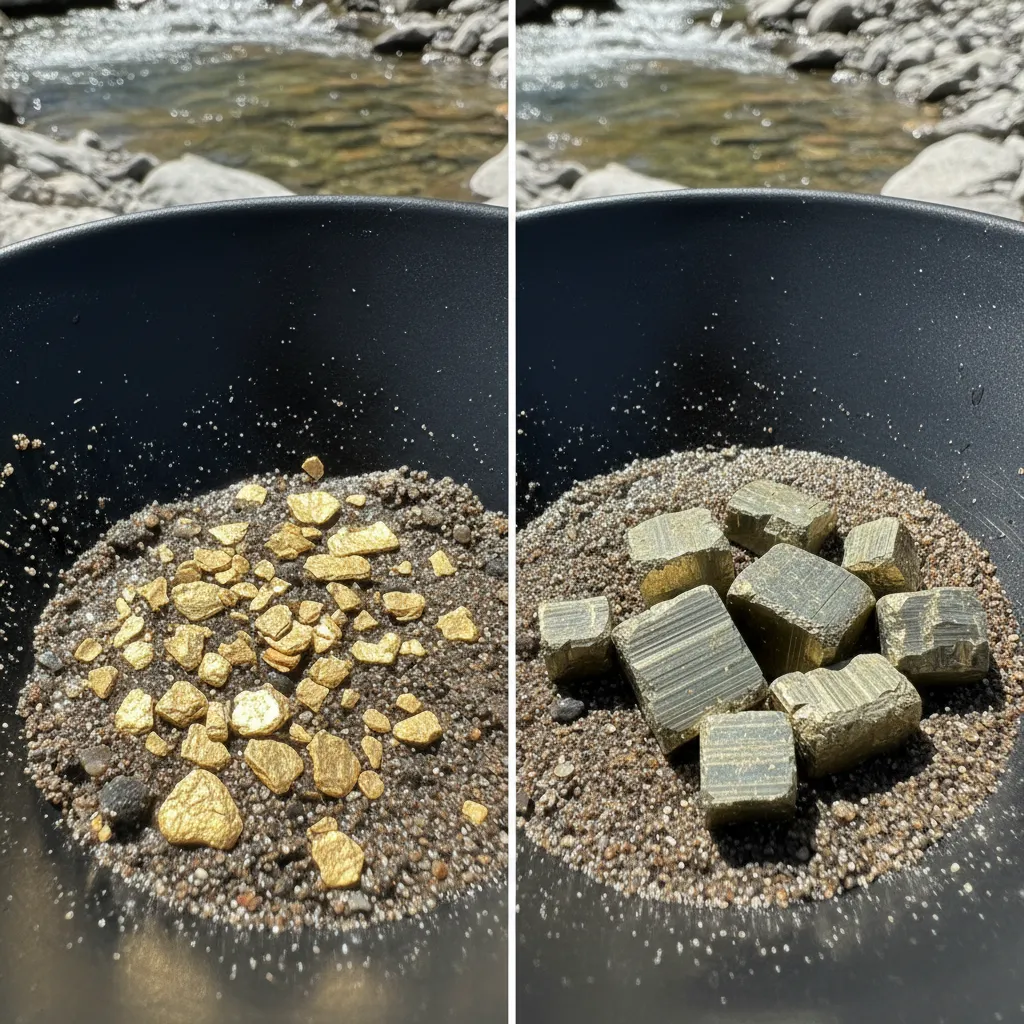 Side-by-side comparison photo of placer gold flakes and pyrite crystals in a gold pan