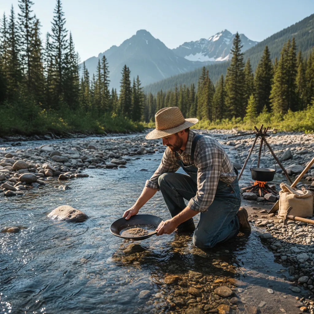 Person panning for gold in a shallow stream with exposed gravel bars during low water
