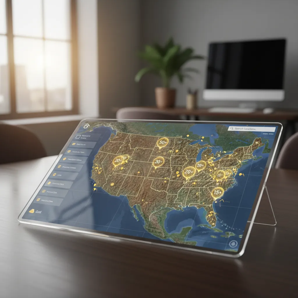 Interactive map interface showing gold mine locations scattered across the western United States with cluster markers