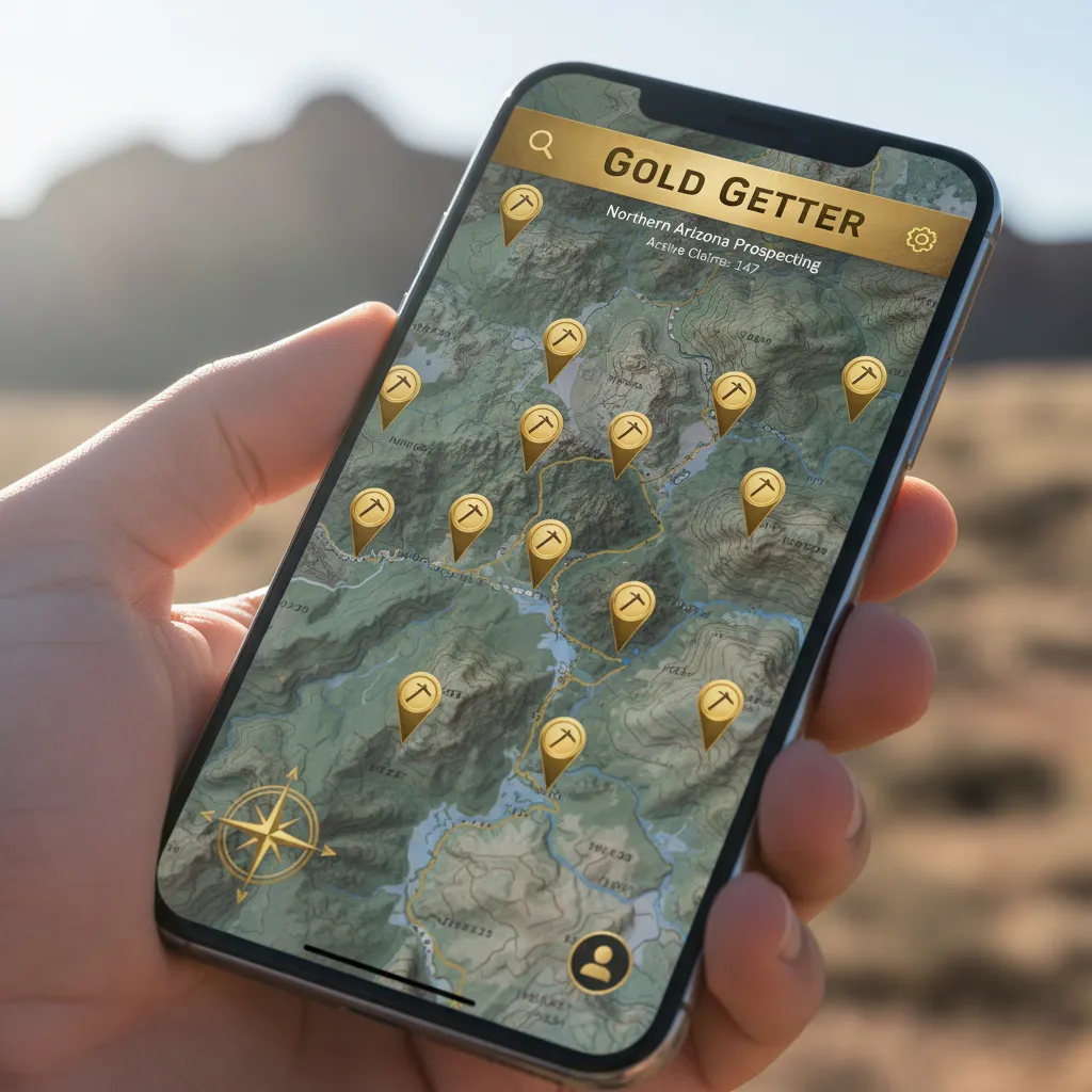 Close-up of a smartphone showing the GoldFever.app interface with mine location pins visible on a topographic map