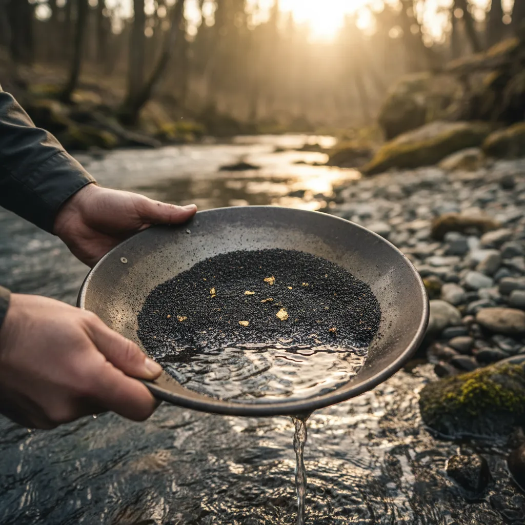 Close-up of a gold pan with visible black sand and small gold flakes, hands holding the pan over a creek